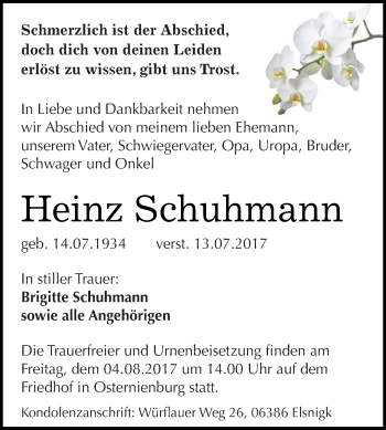 Traueranzeige von Heinz Schuhmann von WVG - Wochenspiegel Dessau / Köthen