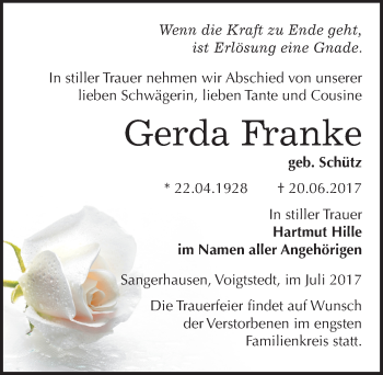 Traueranzeige von Gerda Franke von Mitteldeutsche Zeitung Sangerhausen