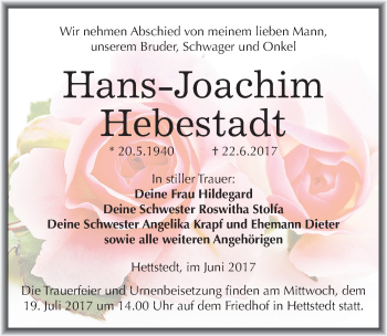 Traueranzeige von Hans-Joachim Hebestadt von Mitteldeutsche Zeitung Mansfelder Land