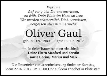 Traueranzeige von Oliver Gaul von Mitteldeutsche Zeitung