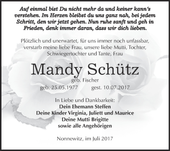 Traueranzeige von Mandy Schütz von Super Sonntag Zeitz