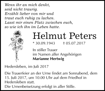 Traueranzeige von Helmut Peters von Mitteldeutsche Zeitung Quedlinburg