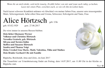 Traueranzeige von Alice Hörtzsch von Super Sonntag Zeitz