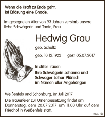 Traueranzeige von Hedwig Grau von WVG - Wochenspiegel NMB / WSF / ZTZ