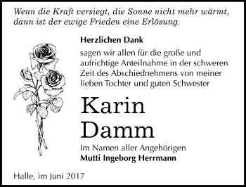 Traueranzeige von Karin Damm von Mitteldeutsche Zeitung Halle/Saalkreis