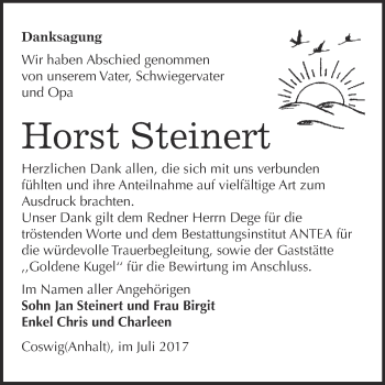 Traueranzeige von Horst Steinert von Super Sonntag Wittenberg