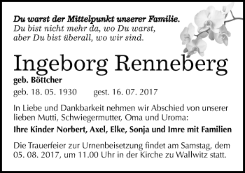 Traueranzeige von Ingeborg Renneberg von Mitteldeutsche Zeitung Halle/Saalkreis