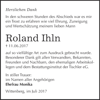 Traueranzeige von Roland Ihln von WVG - Wochenspiegel Wittenberg
