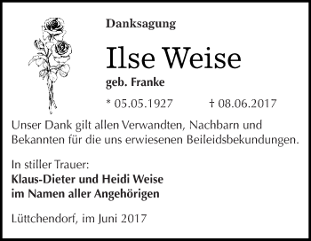 Traueranzeige von Ilse Weise von Super Sonntag SGH Mansf. Land
