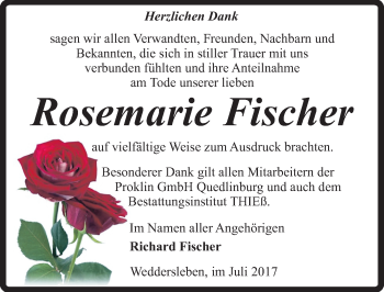 Traueranzeige von Rosemarie Fischer von Mitteldeutsche Zeitung Quedlinburg