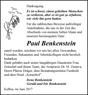 Traueranzeige von Paul Benkenstein von Mitteldeutsche Zeitung Sangerhausen