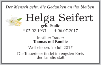 Traueranzeige von Helga Seifert von Mitteldeutsche Zeitung Mansfelder Land