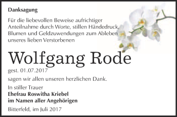 Traueranzeige von Wolfgang Rode von WVG - Wochenspiegel Bitterfeld