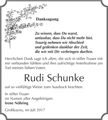 Traueranzeige von Rudi Schunke von WVG - Wochenspiegel Merseburg