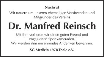 Traueranzeige von Manfred Reinsch von Super Sonntag Quedlinburg