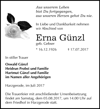 Traueranzeige von Erna Günzl von Mitteldeutsche Zeitung Quedlinburg