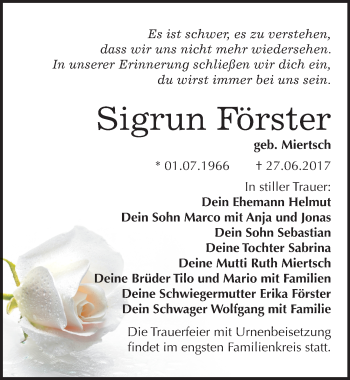 Traueranzeige von Sigrun Förster von Mitteldeutsche Zeitung Bitterfeld