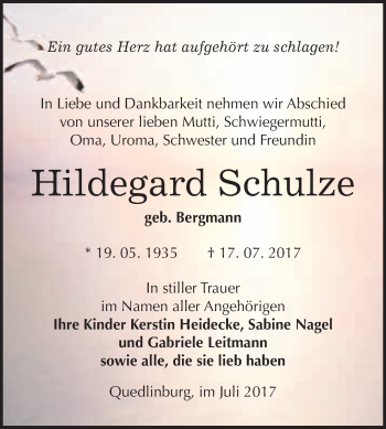 Traueranzeige von Hildegard Schulze von WVG - Wochenspiegel Quedlinburg