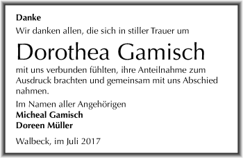 Traueranzeige von Dorothea Gamisch von Mitteldeutsche Zeitung Mansfelder Land