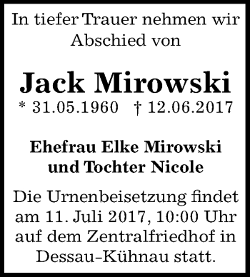 Traueranzeige von Jack Mirowski von Mitteldeutsche Zeitung Dessau-Roßlau