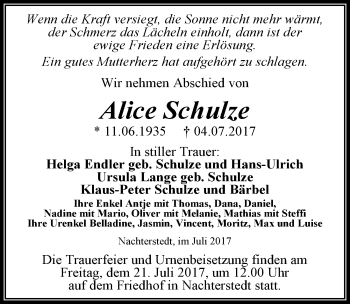 Traueranzeige von Alice Schulze von Mitteldeutsche Zeitung Aschersleben