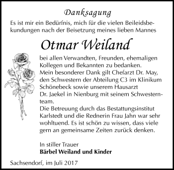 Traueranzeige von Otmar Weiland von Mitteldeutsche Zeitung Bernburg