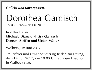 Traueranzeige von Dorothea Gamisch von Mitteldeutsche Zeitung Mansfelder Land