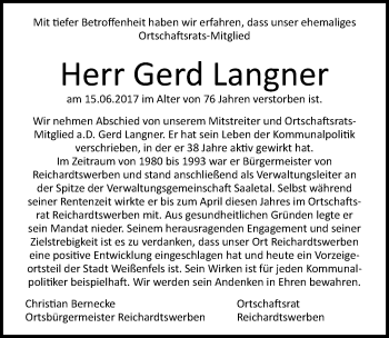 Traueranzeige von Gerd Langner von Mitteldeutsche Zeitung Weißenfels
