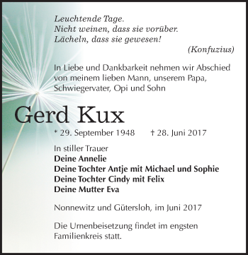 Traueranzeige von Gerd Kux von Mitteldeutsche Zeitung Zeitz