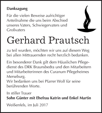 Traueranzeige von Gerhard Prautsch von WVG - Wochenspiegel Merseburg