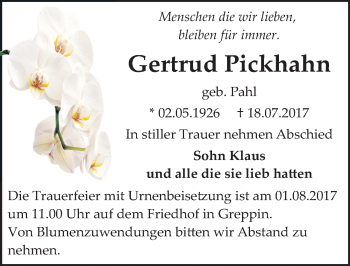 Traueranzeige von Gertrud Pickhahn von Mitteldeutsche Zeitung Bitterfeld