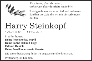 Traueranzeige von Harry Steinkopf von Super Sonntag Wittenberg