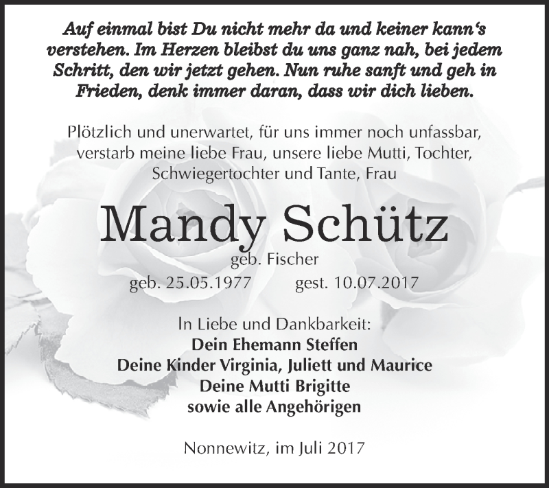  Traueranzeige für Mandy Schütz vom 15.07.2017 aus Super Sonntag Zeitz