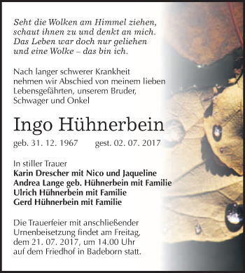 Traueranzeige von Ingo Hühnerbein von WVG - Wochenspiegel Quedlinburg