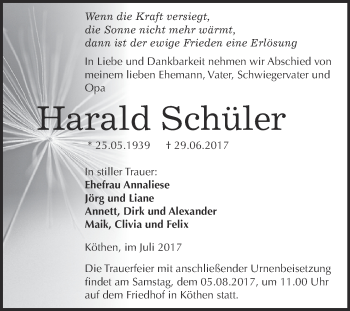 Traueranzeige von Harald Schüler von WVG - Wochenspiegel Dessau / Köthen
