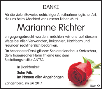 Traueranzeige von Marianne Richter von Mitteldeutsche Zeitung Zeitz