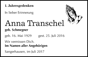 Traueranzeige von Anna Transchel von Mitteldeutsche Zeitung Sangerhausen