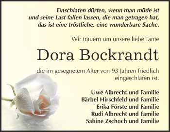 Traueranzeige von Dora Bockrandt von WVG - Wochenspiegel NMB / WSF / ZTZ