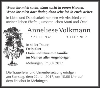 Traueranzeige von Anneliese Volkmann von Super Sonntag Aschersleben