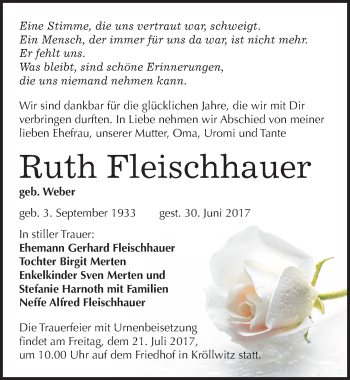 Traueranzeige von Ruth Fleischhauer von Mitteldeutsche Zeitung Halle/Saalkreis