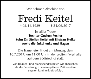 Traueranzeige von Fredi Keitel von Mitteldeutsche Zeitung Halle/Saalkreis
