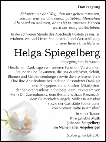 Traueranzeige von Helga Spiegelberg von Super Sonntag SGH Mansf. Land