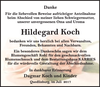 Traueranzeige von Hildegard Koch von Mitteldeutsche Zeitung Quedlinburg