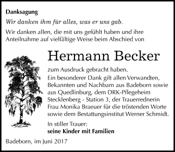 Traueranzeige von Hermann Becker von Mitteldeutsche Zeitung Quedlinburg