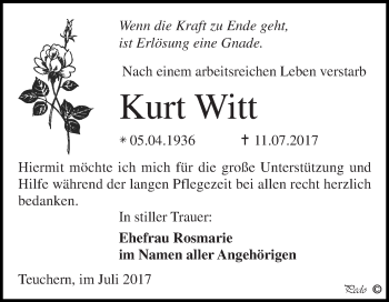 Traueranzeige von Kurt Witt von WVG - Wochenspiegel NMB / WSF / ZTZ