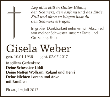 Traueranzeige von Gisela Weber von Super Sonntag Zeitz