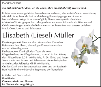 Traueranzeige von Elisabeth Müller von Mitteldeutsche Zeitung Weißenfels