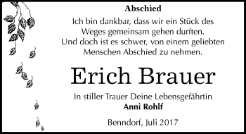Traueranzeige von Erich Brauer von Mitteldeutsche Zeitung Mansfelder Land