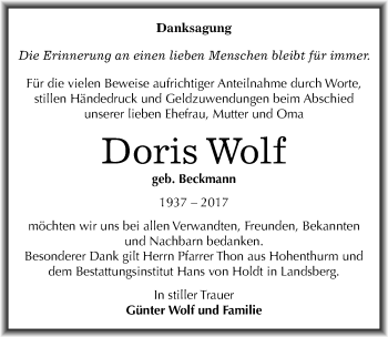 Traueranzeige von Doris Wolf von Mitteldeutsche Zeitung Halle/Saalkreis