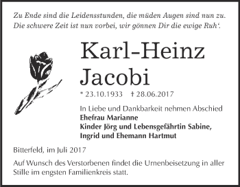 Traueranzeige von Karl-Heinz Jacobi von WVG - Wochenspiegel Bitterfeld